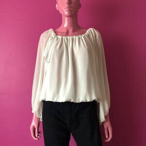 Zara XS Blouse White Chiffon Sheer Dolman Batwing Balloon Long Sleeve Ribbon Tie